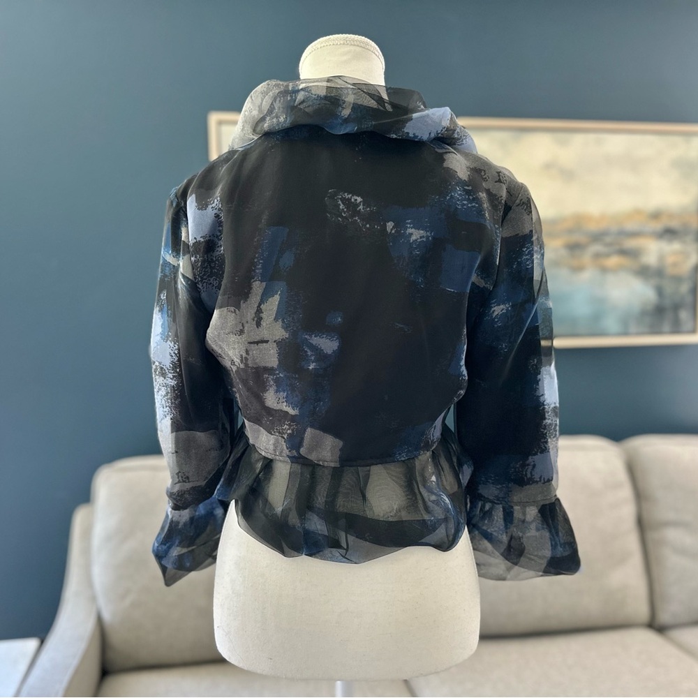 Samuel Dong 100% Silk Organza Crop Bolero Jacket, Blue/Black/Gray Print, Sz S - Picture 6 of 12